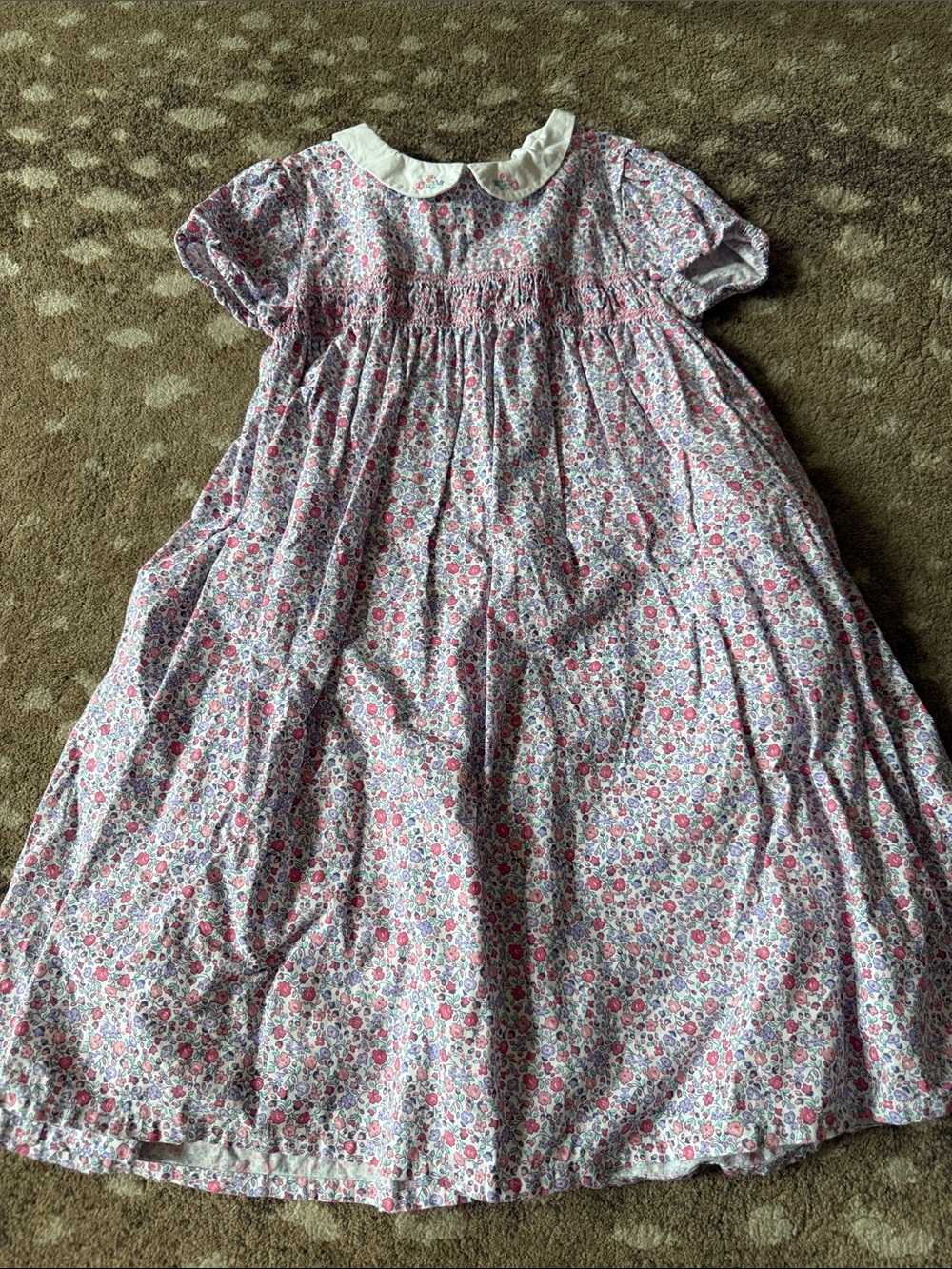 JoJo Maman Bebe Pink Floral Smocked Dress with White Collar